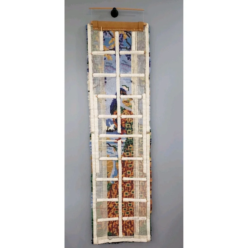 LARGE Vintage Latch Hook Rug Completed Beach Sea Wall Hanging PEACOCK maximalist